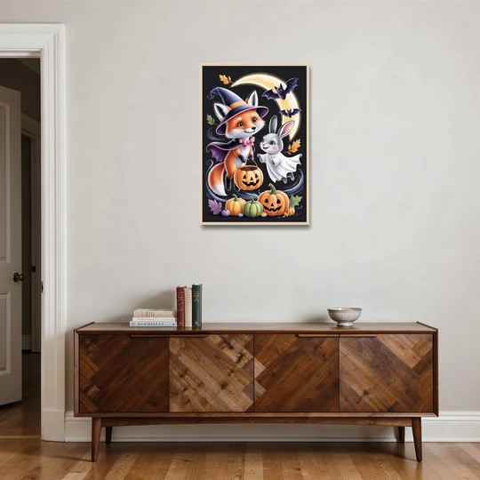 Whimsical Fox and Rabbit Cute Halloween - Oak Framed Canvas Wall Art - Coffee Table - 24x36