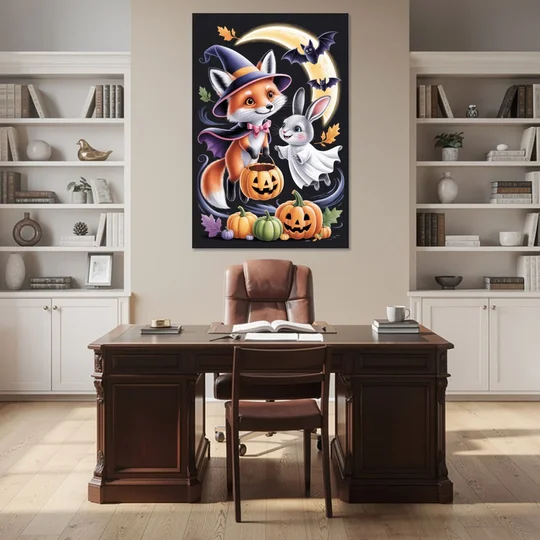 Whimsical Fox and Rabbit Cute Halloween - Canvas Wall Art - Office - 40x60