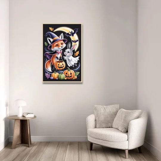 Whimsical Fox and Rabbit Cute Halloween - Oak Framed Canvas Wall Art - Sofa - 24x36