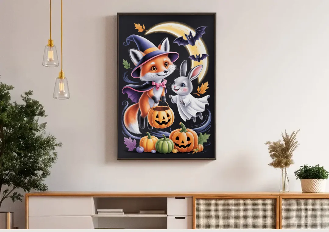 Whimsical Fox and Rabbit Cute Halloween canvas wall art above a wooden sideboard under pendant lights