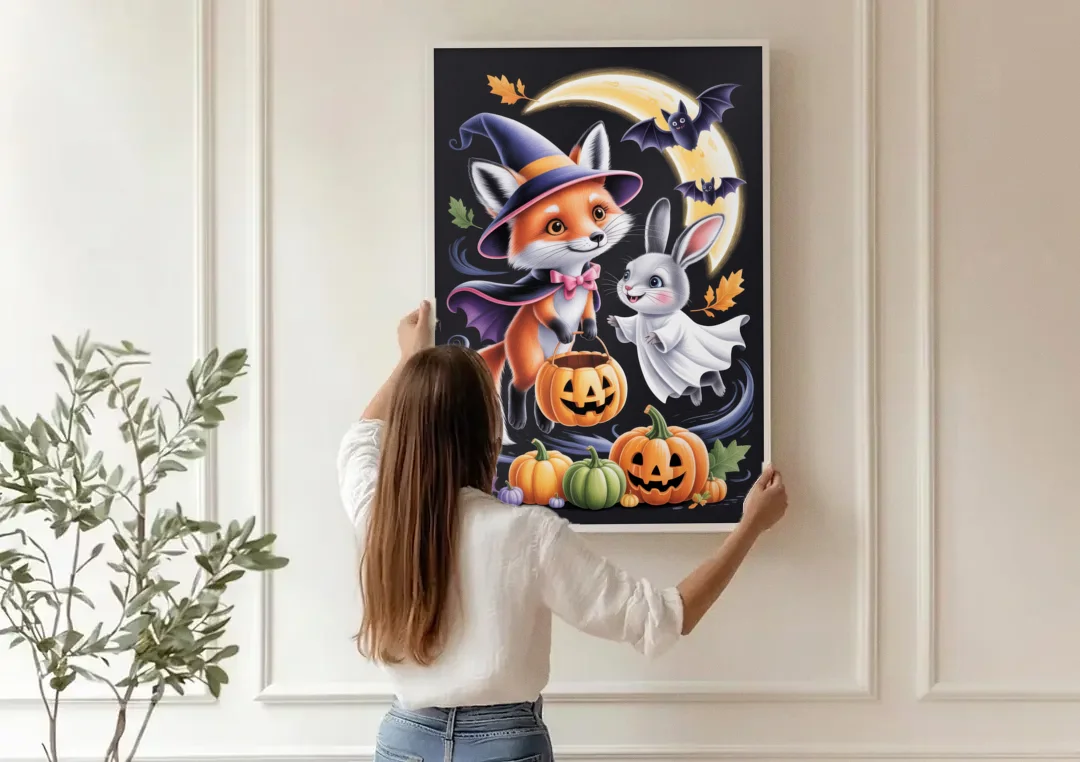 Whimsical Fox and Rabbit Cute Halloween canvas wall art being hung on a paneled wall