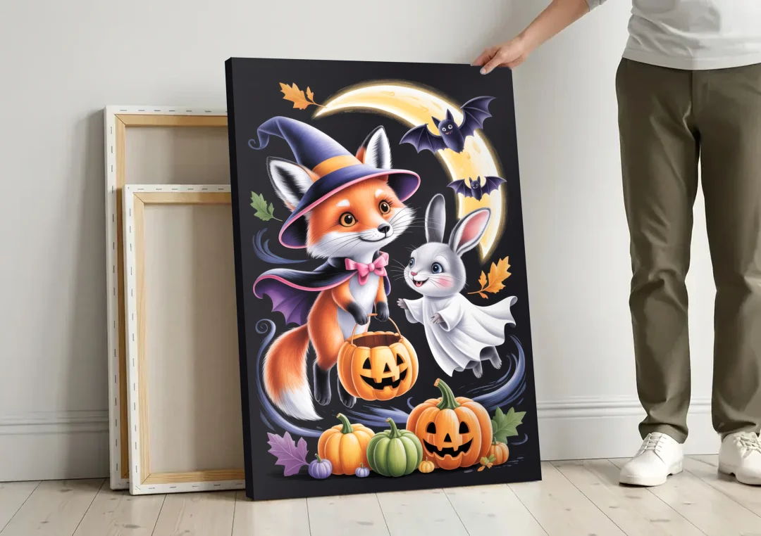 Whimsical Fox and Rabbit Cute Halloween canvas wall art leaning against a wall next to blank canvases