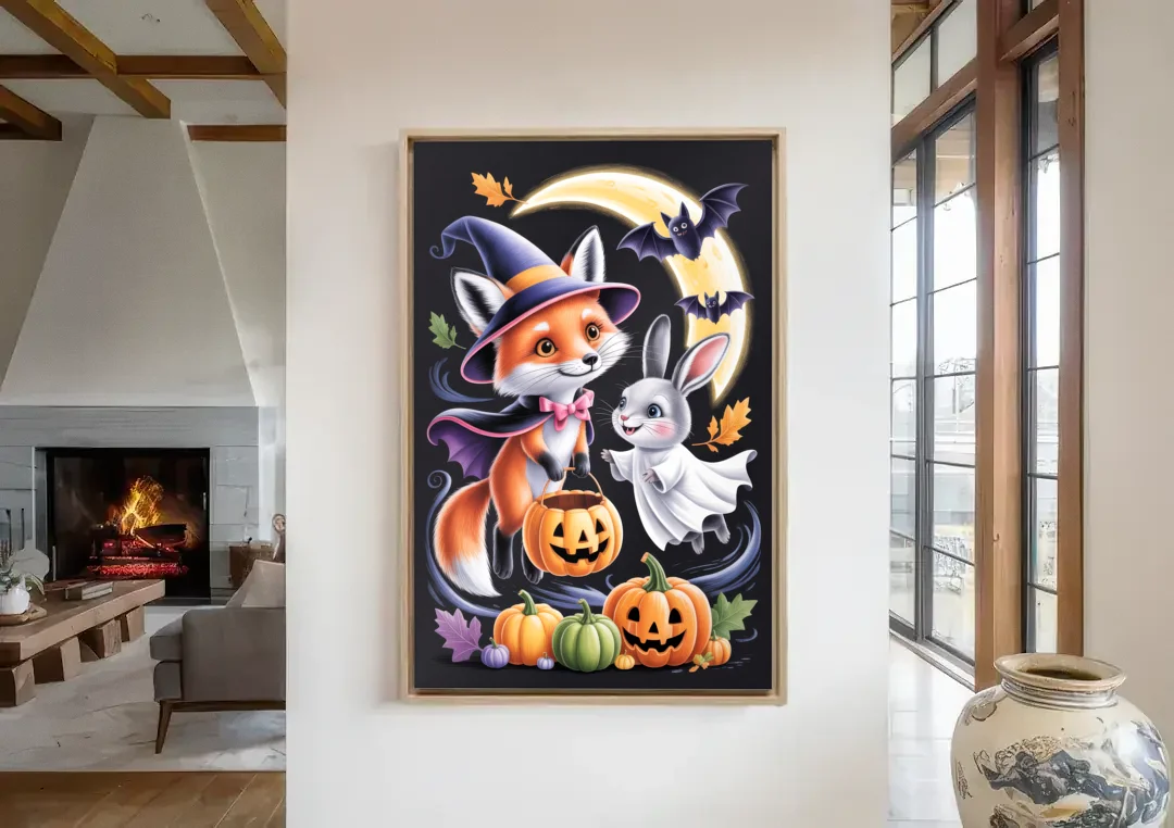 Whimsical Fox and Rabbit Cute Halloween canvas wall art in a living room with a fireplace