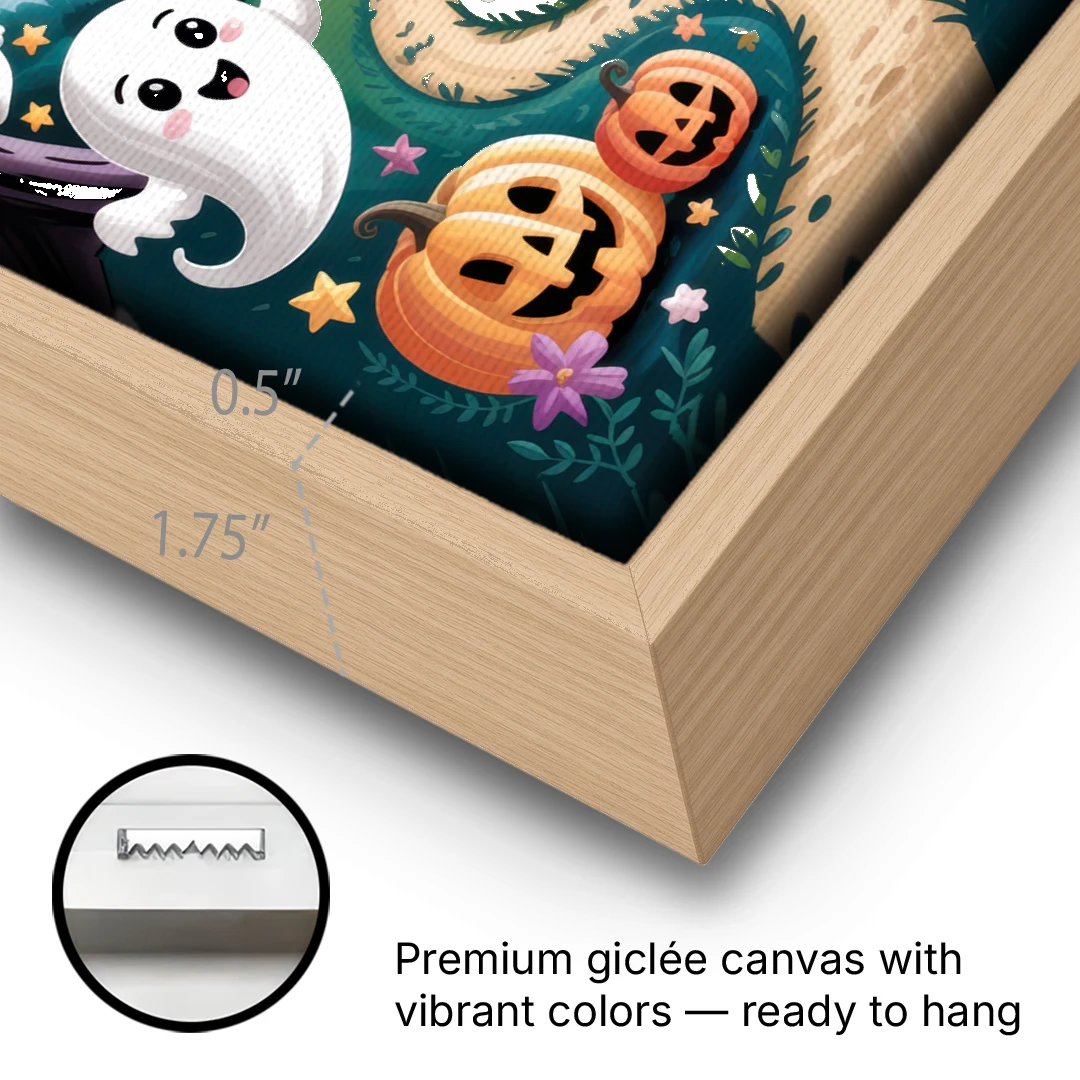 Whimsical Haunted House Cute Halloween - Oak Framed Canvas Wall Art - Gallery Wrap Corner