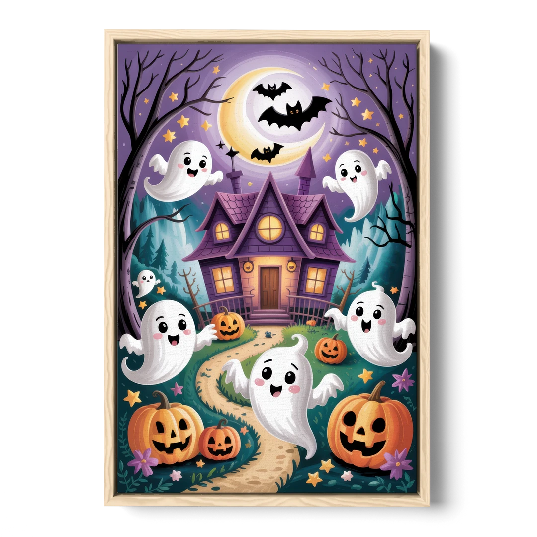 Whimsical Haunted House Cute Halloween - Oak Framed Canvas Wall Art - Front