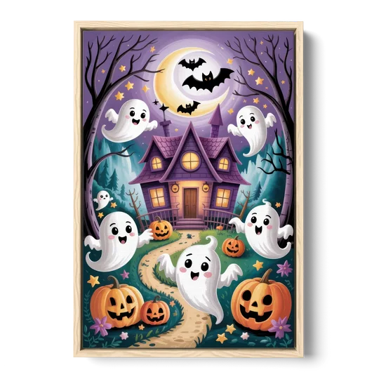 Whimsical Haunted House Cute Halloween - Oak Framed Canvas Wall Art - Front