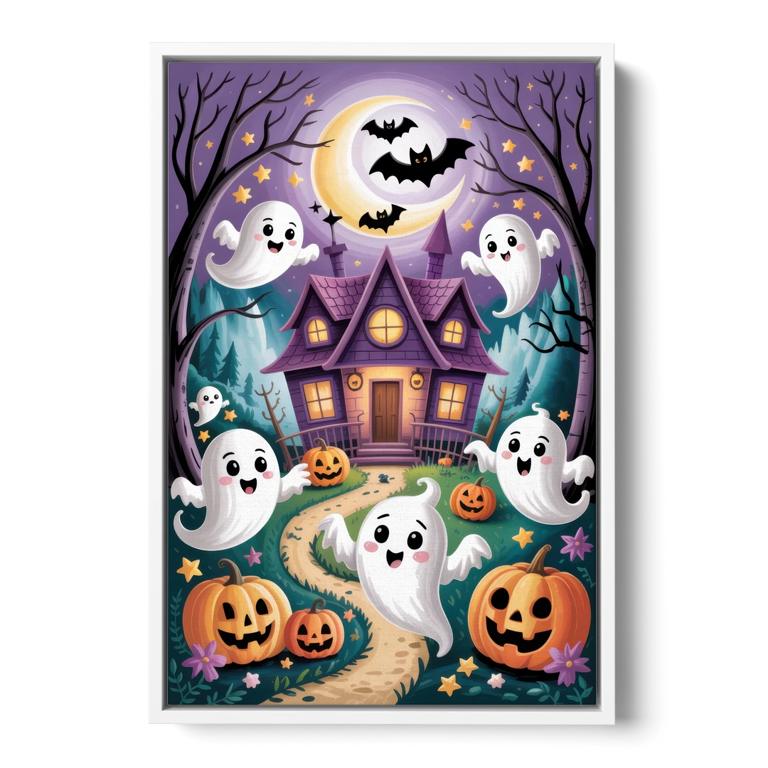 Whimsical Haunted House Cute Halloween - White Framed Canvas Wall Art - Front