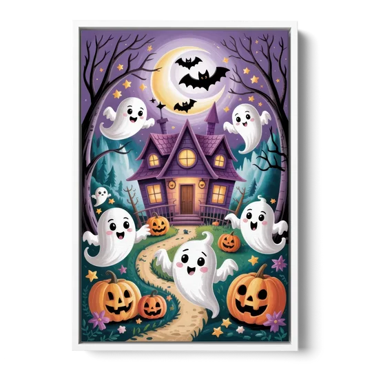 Whimsical Haunted House Cute Halloween - White Framed Canvas Wall Art - Front