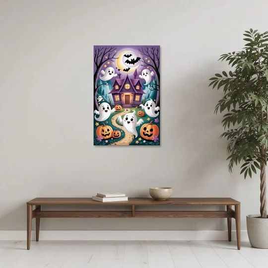 Whimsical Haunted House Cute Halloween - Canvas Wall Art - Coffee Table - 24x36