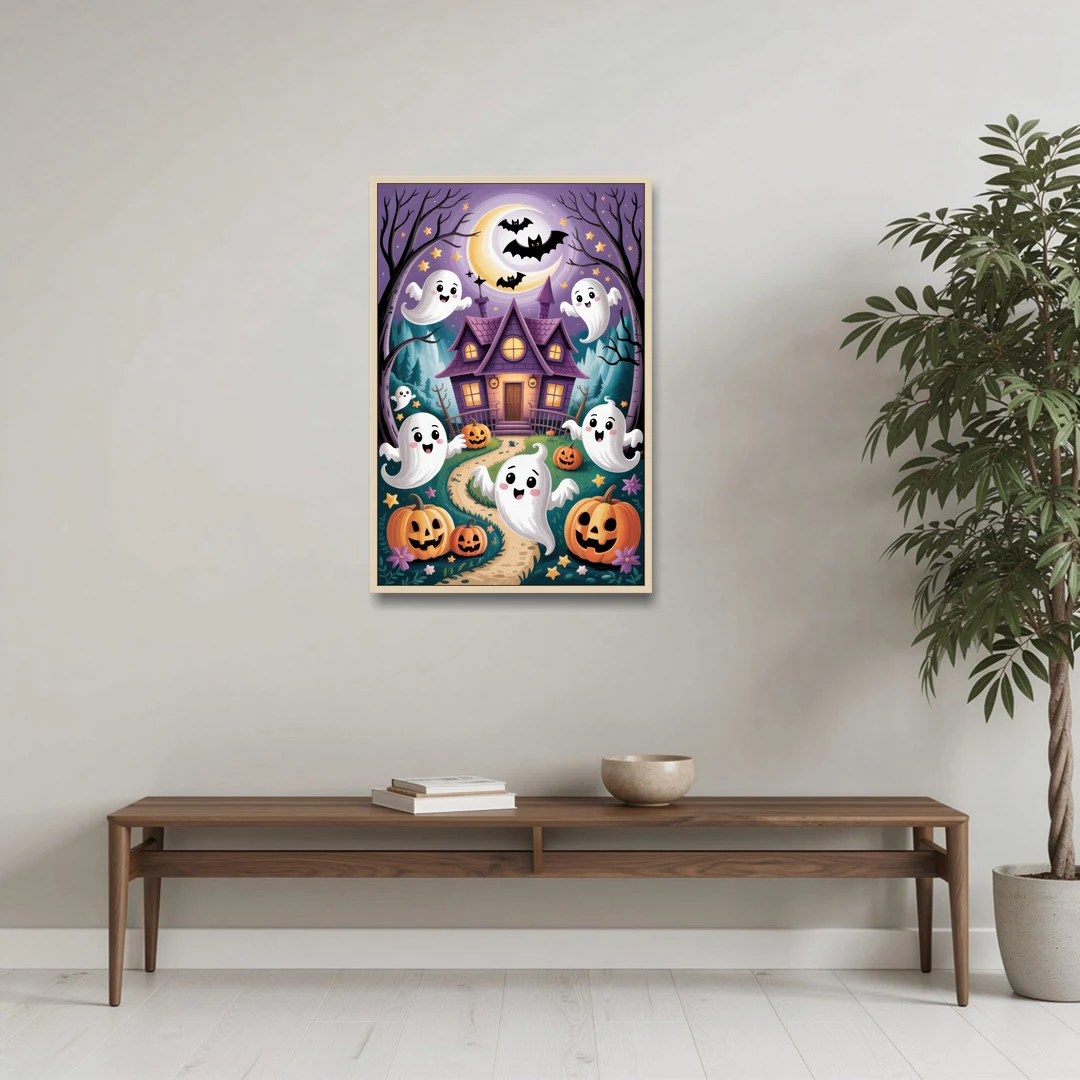 Whimsical Haunted House Cute Halloween - Oak Framed Canvas Wall Art - Coffee Table - 24x36
