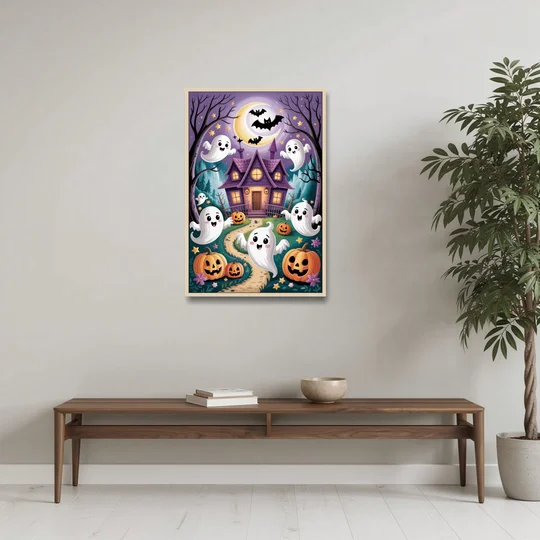 Whimsical Haunted House Cute Halloween - Oak Framed Canvas Wall Art - Coffee Table - 24x36