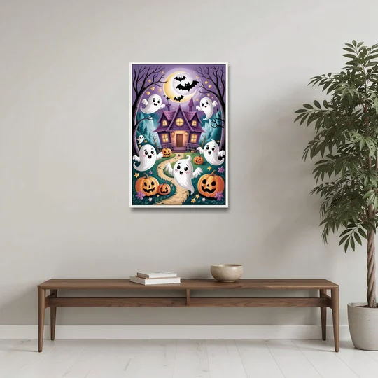 Whimsical Haunted House Cute Halloween - White Framed Canvas Wall Art - Coffee Table - 24x36