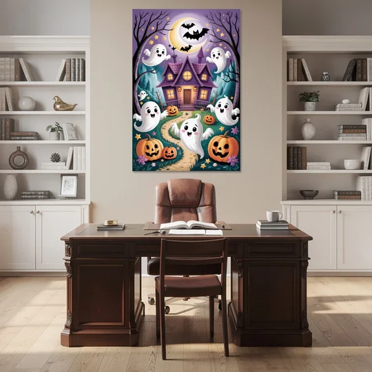 Whimsical Haunted House Cute Halloween - Canvas Wall Art - Office - 40x60