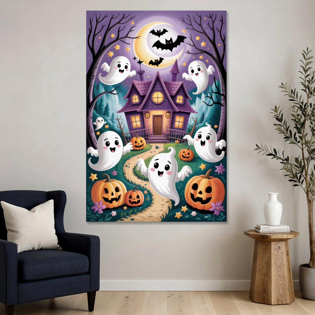 Whimsical Haunted House Cute Halloween - Canvas Wall Art - Sofa - 40x60