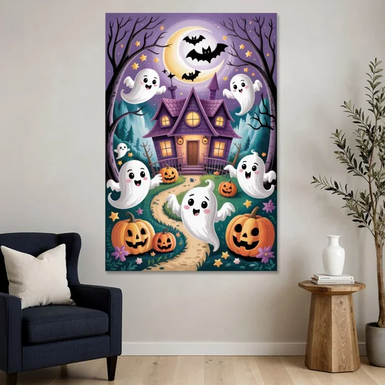 Whimsical Haunted House Cute Halloween - Canvas Wall Art - Sofa - 40x60
