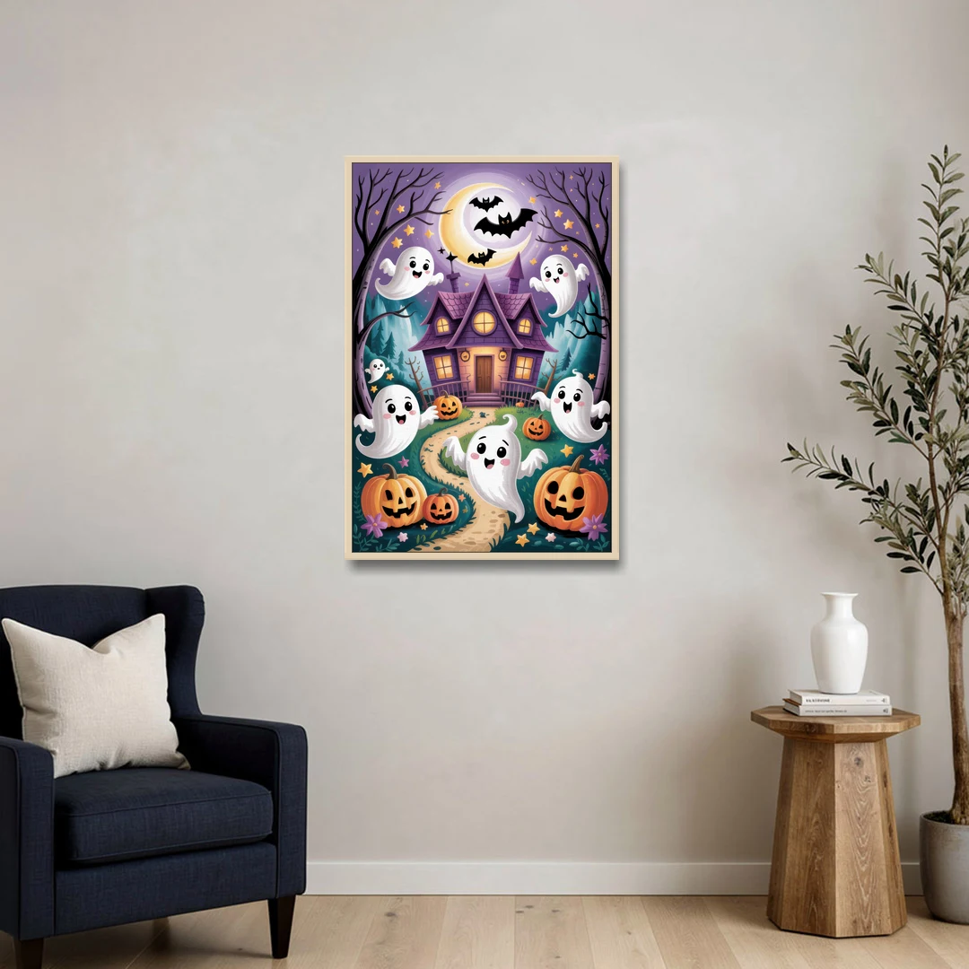 Whimsical Haunted House Cute Halloween - Oak Framed Canvas Wall Art - Sofa - 24x36