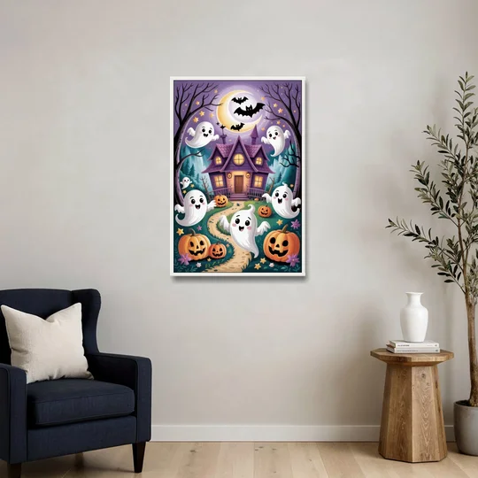 Whimsical Haunted House Cute Halloween - White Framed Canvas Wall Art - Sofa - 24x36