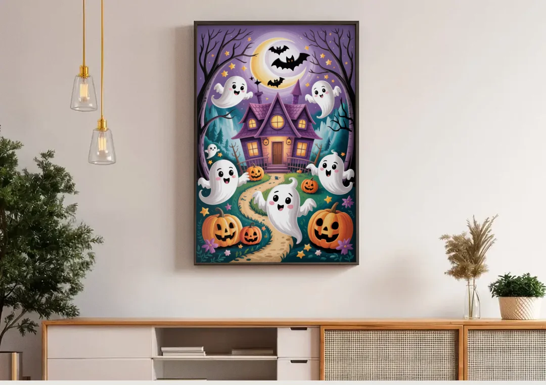 Whimsical Haunted House Cute Halloween canvas wall art above a wooden sideboard under pendant lights
