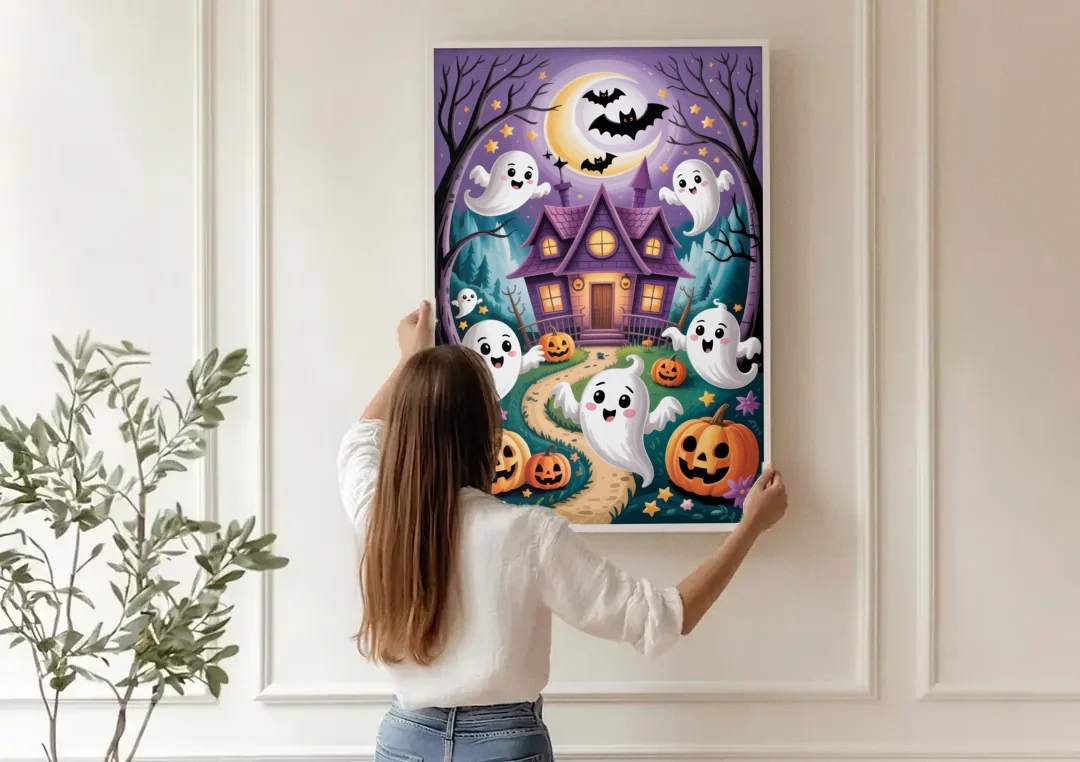 Whimsical Haunted House Cute Halloween canvas wall art being hung on a paneled wall