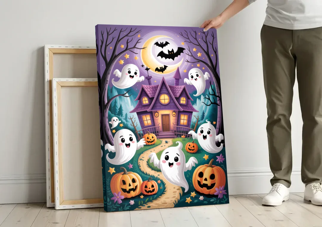 Whimsical Haunted House Cute Halloween canvas wall art leaning against a wall next to blank canvases