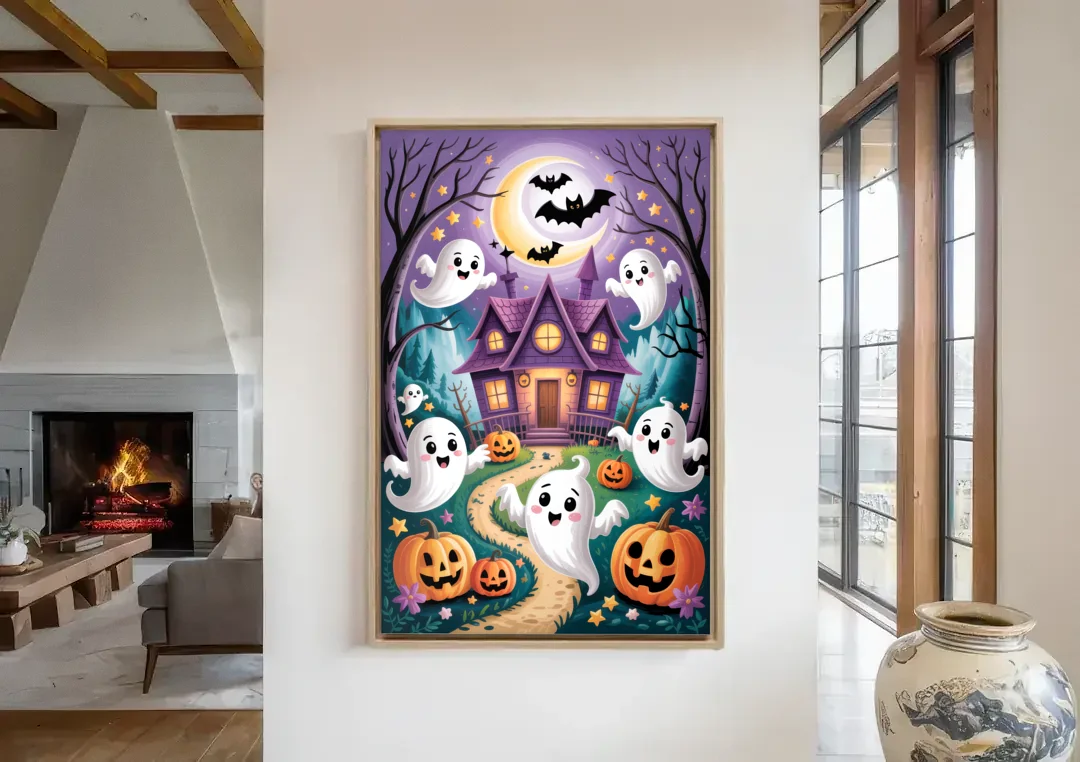 Whimsical Haunted House Cute Halloween canvas wall art in a living room with a fireplace