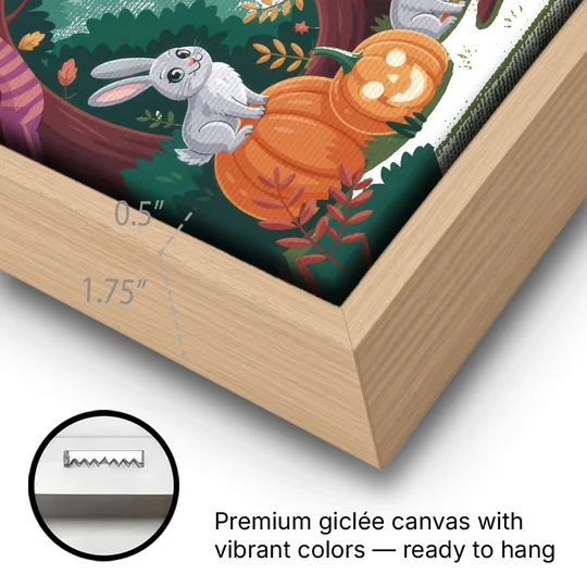 Whimsical Pumpkins Scene Cute Halloween - Oak Framed Canvas Wall Art - Gallery Wrap Corner