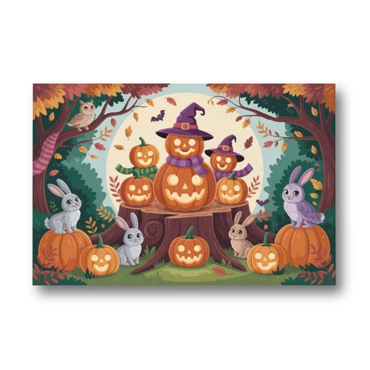 Whimsical Pumpkins Scene Cute Halloween - Canvas Wall Art - Front