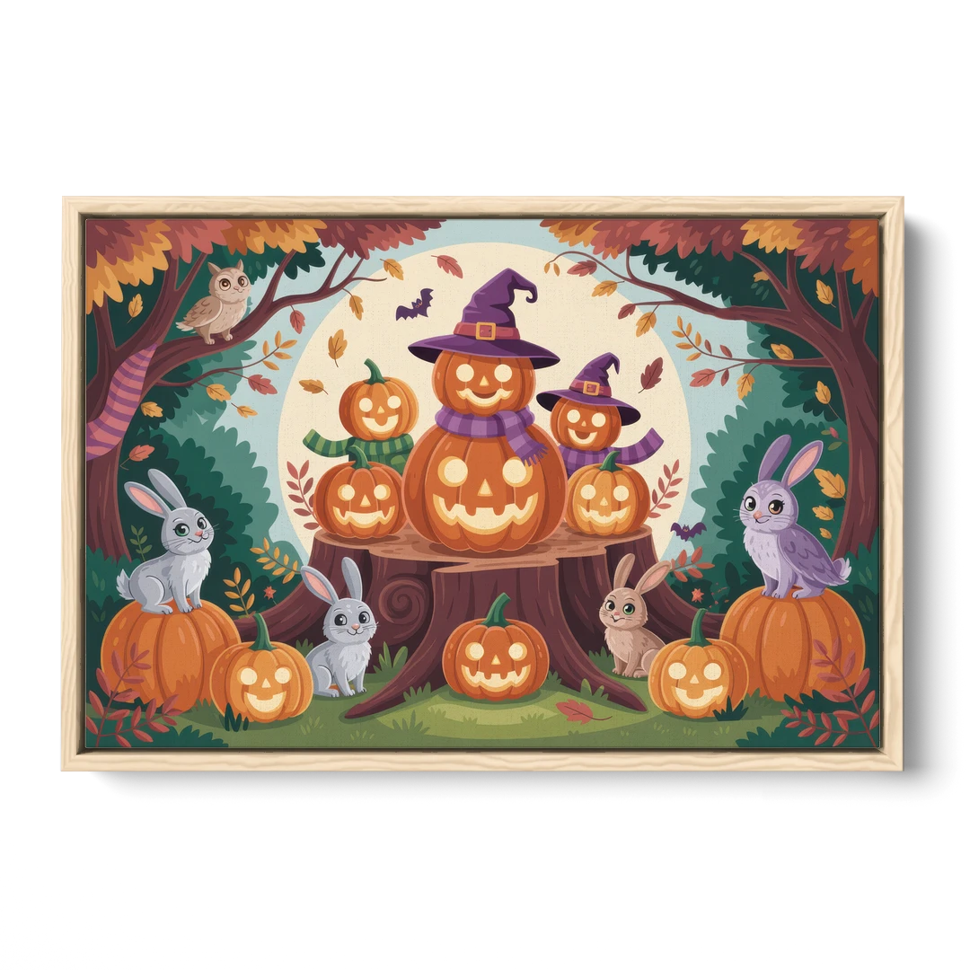 Whimsical Pumpkins Scene Cute Halloween - Oak Framed Canvas Wall Art - Front