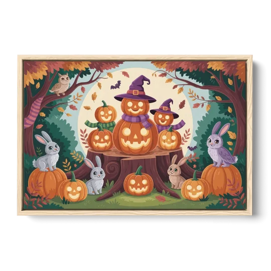 Whimsical Pumpkins Scene Cute Halloween - Oak Framed Canvas Wall Art - Front
