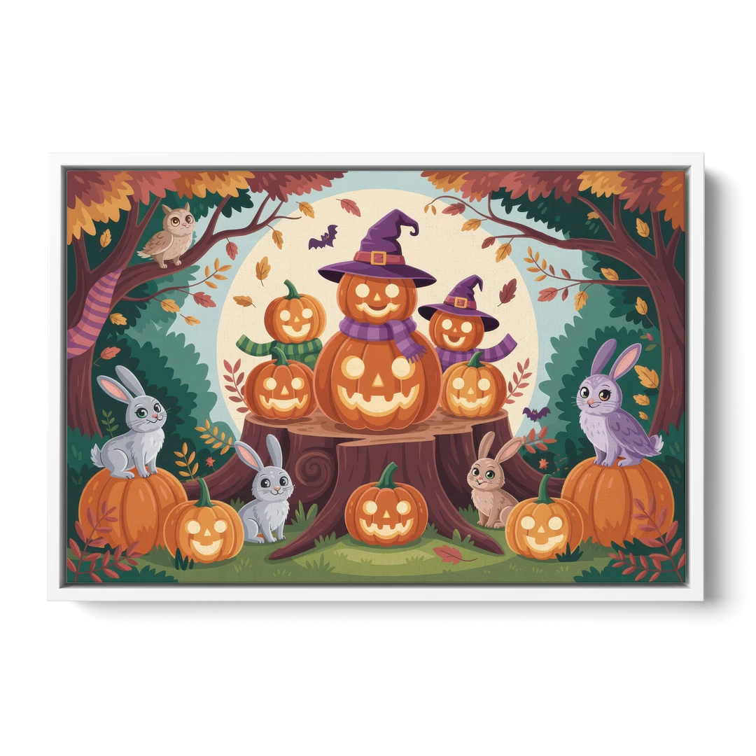 Whimsical Pumpkins Scene Cute Halloween - White Framed Canvas Wall Art - Front