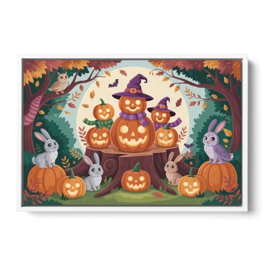 Whimsical Pumpkins Scene Cute Halloween - White Framed Canvas Wall Art - Front