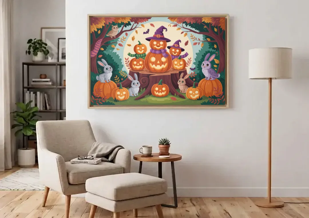 Whimsical Pumpkins Scene Cute Halloween canvas wall art above an armchair in a bright living room