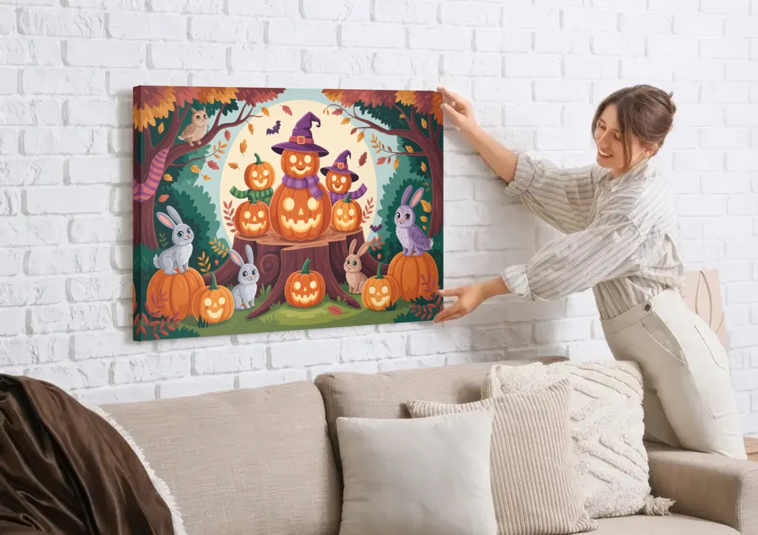 Whimsical Pumpkins Scene Cute Halloween canvas wall art being hung on a white brick wall above a sofa