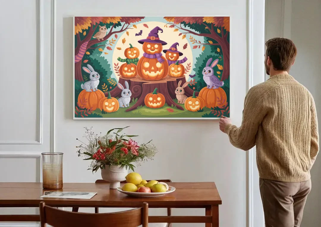 Whimsical Pumpkins Scene Cute Halloween canvas wall art above a dining table