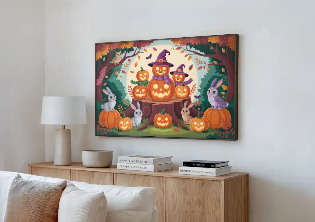 Whimsical Pumpkins Scene Cute Halloween canvas wall art above a wooden sideboard next to a sofa