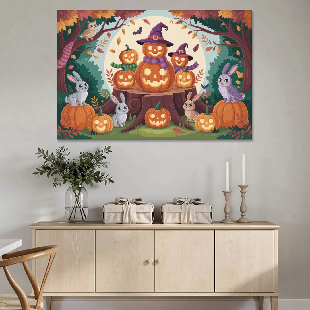 Whimsical Pumpkins Scene Cute Halloween - Canvas Wall Art - Coffee Table - 60x40