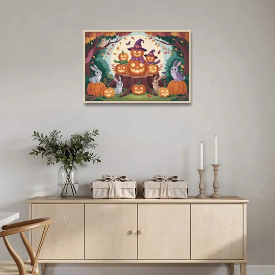 Whimsical Pumpkins Scene Cute Halloween - Oak Framed Canvas Wall Art - Coffee Table - 36x24