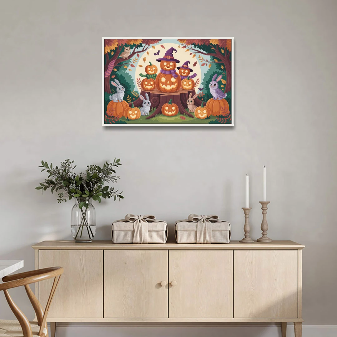 Whimsical Pumpkins Scene Cute Halloween - White Framed Canvas Wall Art - Coffee Table - 36x24