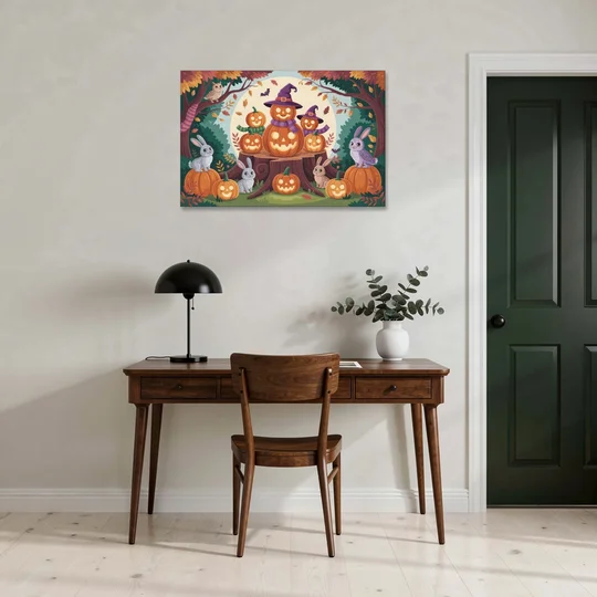 Whimsical Pumpkins Scene Cute Halloween - Canvas Wall Art - Office - 36x24