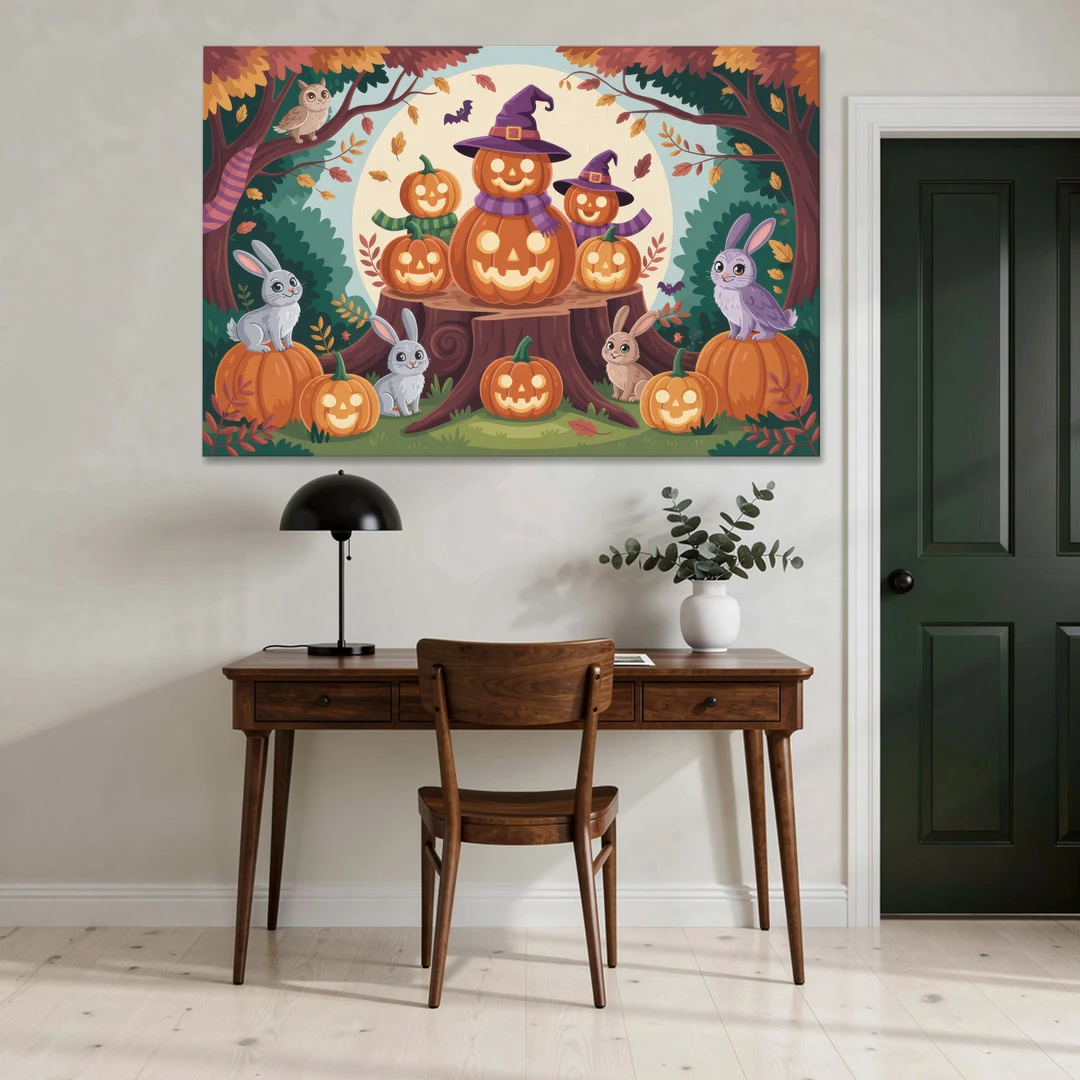 Whimsical Pumpkins Scene Cute Halloween - Canvas Wall Art - Office - 60x40
