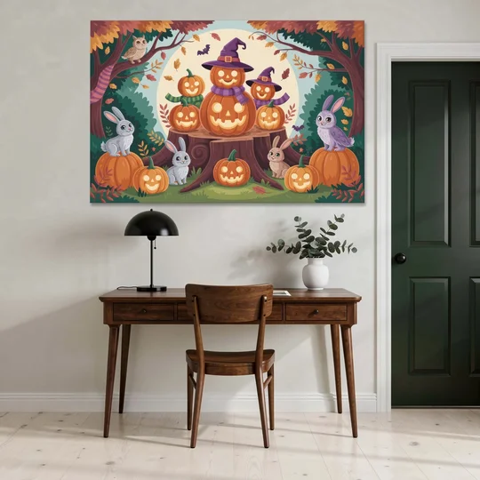 Whimsical Pumpkins Scene Cute Halloween - Canvas Wall Art - Office - 60x40