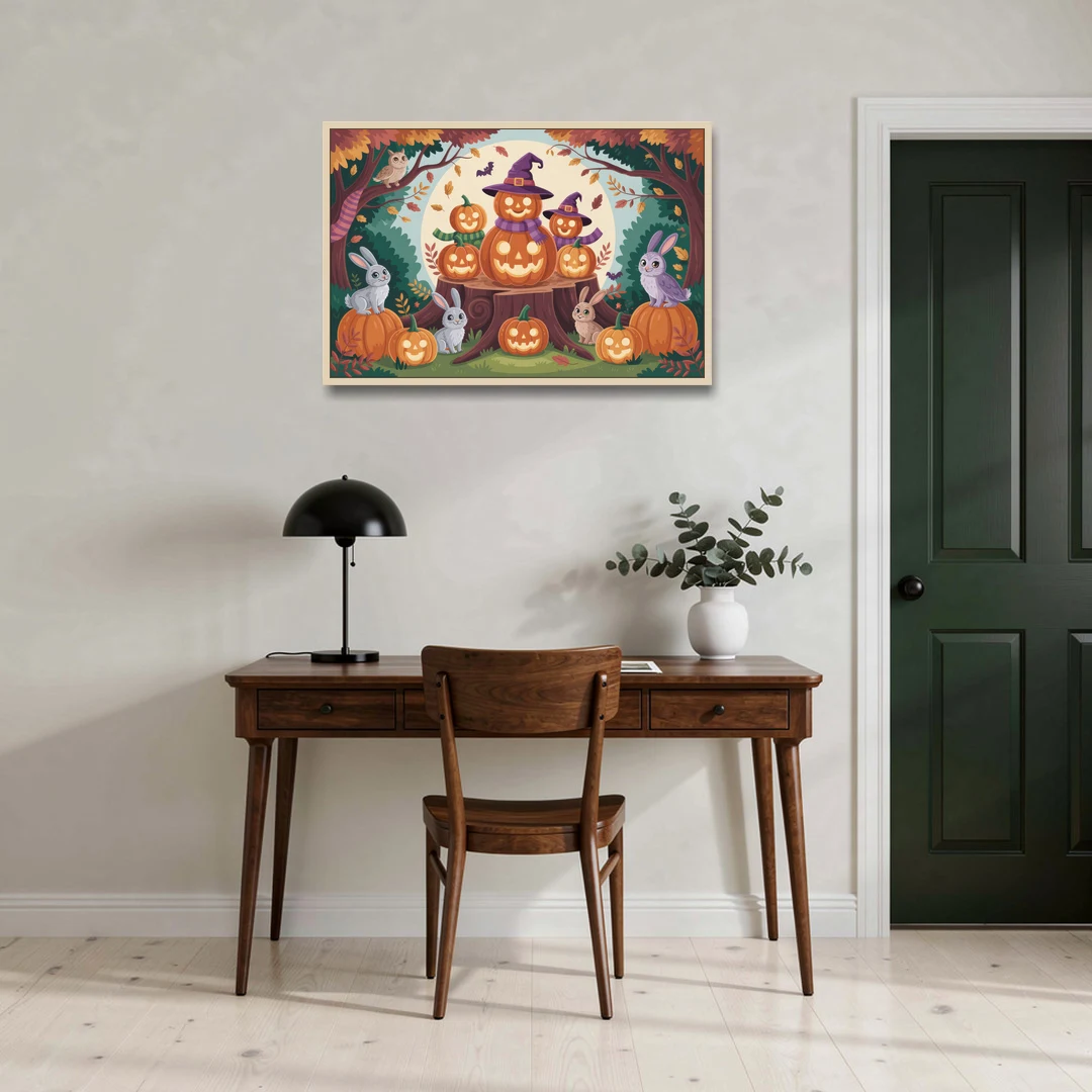 Whimsical Pumpkins Scene Cute Halloween - Oak Framed Canvas Wall Art - Office - 36x24
