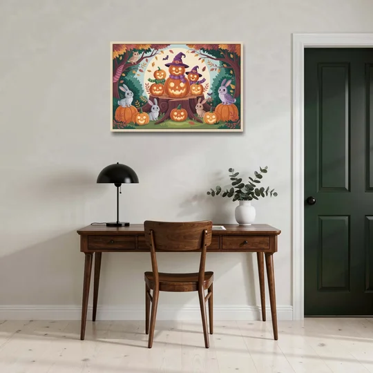 Whimsical Pumpkins Scene Cute Halloween - Oak Framed Canvas Wall Art - Office - 36x24