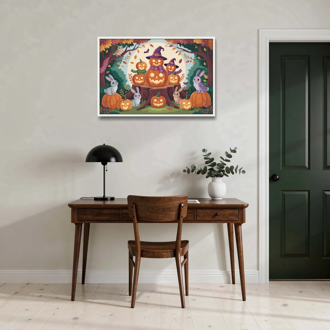 Whimsical Pumpkins Scene Cute Halloween - White Framed Canvas Wall Art - Office - 36x24