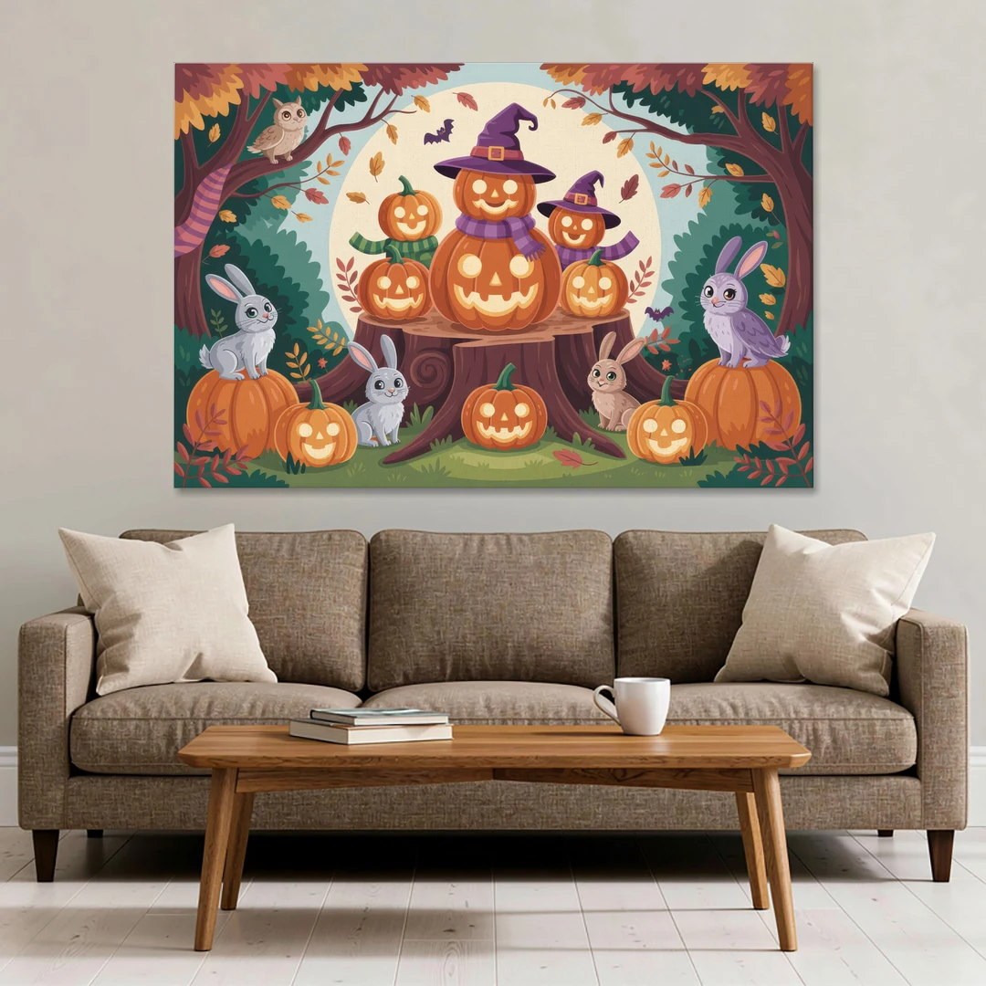Whimsical Pumpkins Scene Cute Halloween - Canvas Wall Art - Sofa - 60x40