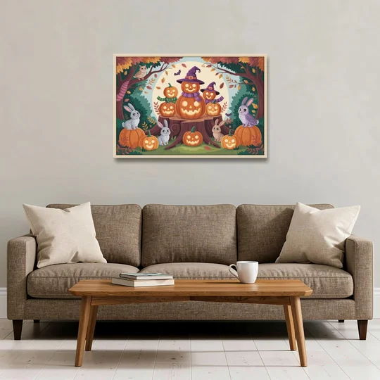 Whimsical Pumpkins Scene Cute Halloween - Oak Framed Canvas Wall Art - Sofa - 36x24