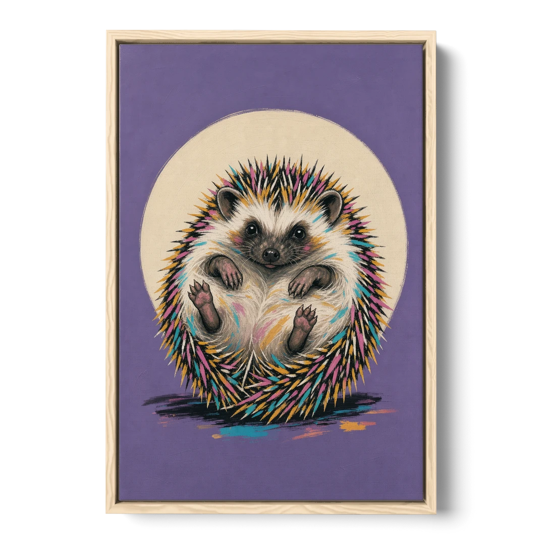 Whimsical Wall Decor Hedgehog Stuck on Its Back - Oak Framed Canvas Wall Art - Front