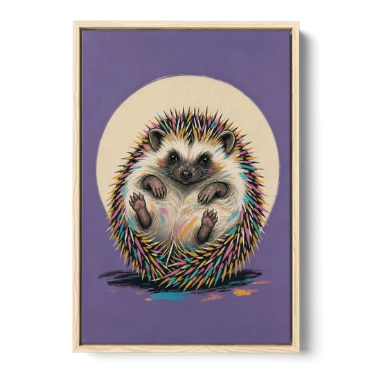 Whimsical Wall Decor Hedgehog Stuck on Its Back - Oak Framed Canvas Wall Art - Front
