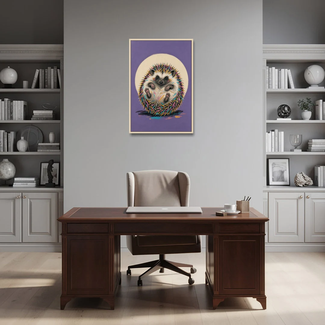 Whimsical Wall Decor Hedgehog Stuck on Its Back - Oak Framed Canvas Wall Art - Office - 24x36