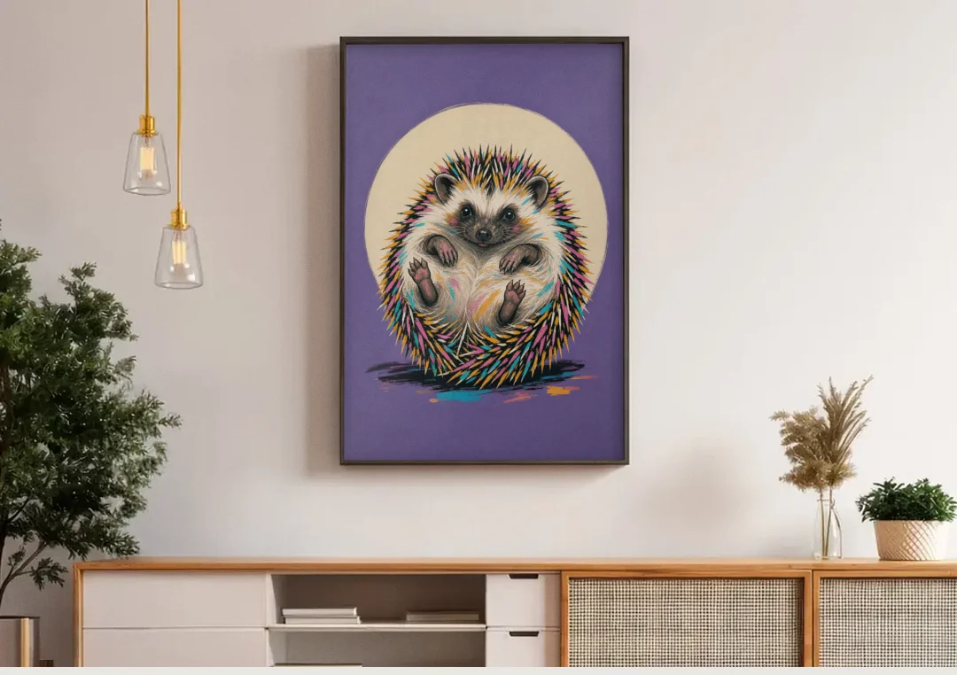Whimsical Wall Decor Hedgehog Stuck on Its Back canvas wall art above a wooden sideboard under pendant lights